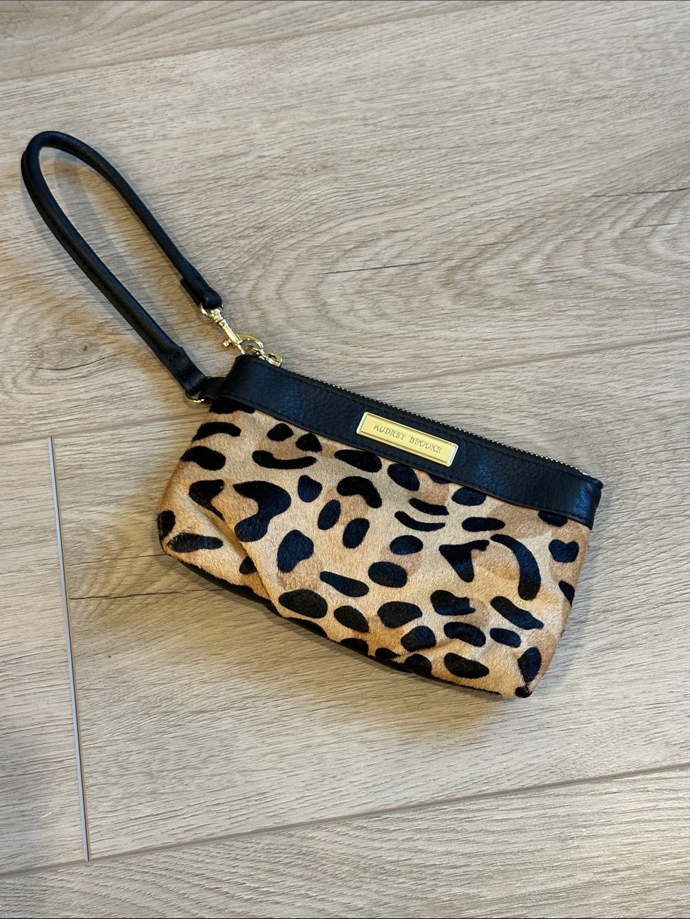 Audrey Brooke Leopard CowHair Print Wristlet with Black Pebbled Leather